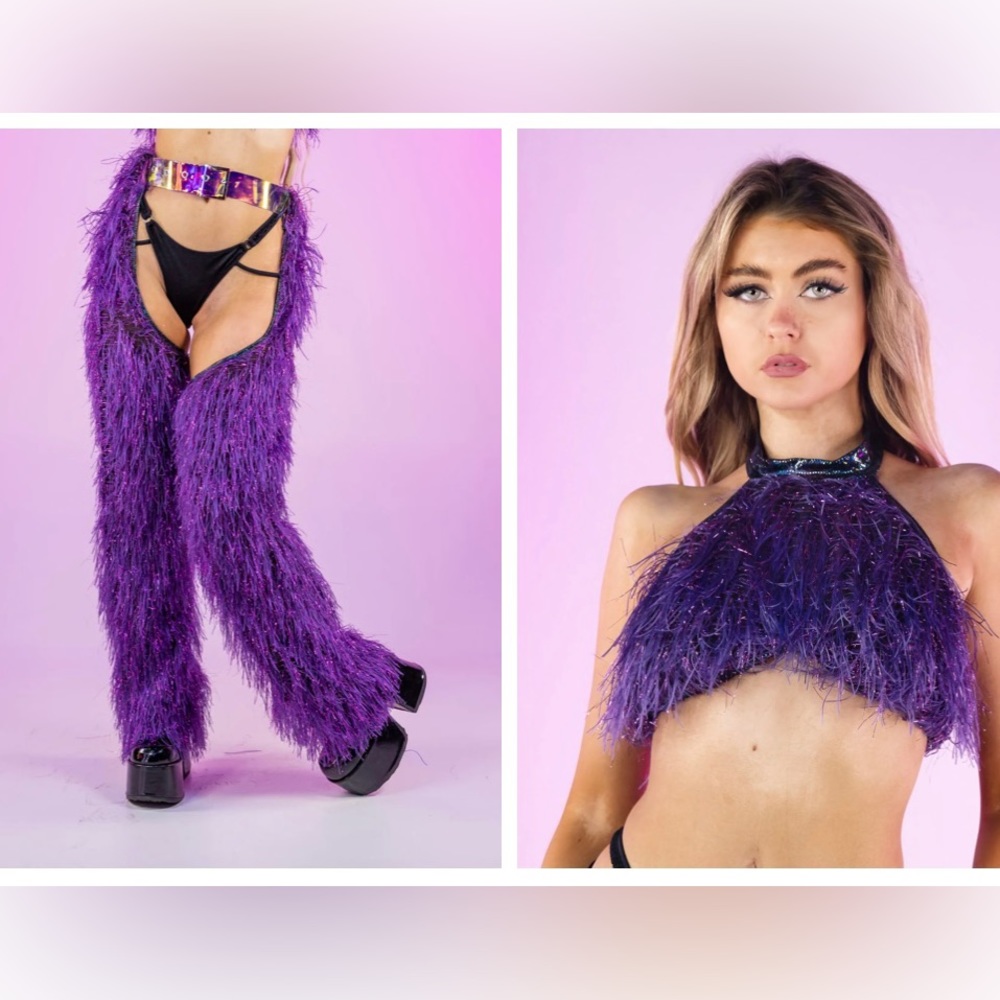 Purple Faux fur chaps Holo belt matching crop halter top size small ravewear